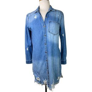 Distressed Denim Dress Raw Hem Blue Jean Holes Long Sleeve Button Small 36" Y2K
